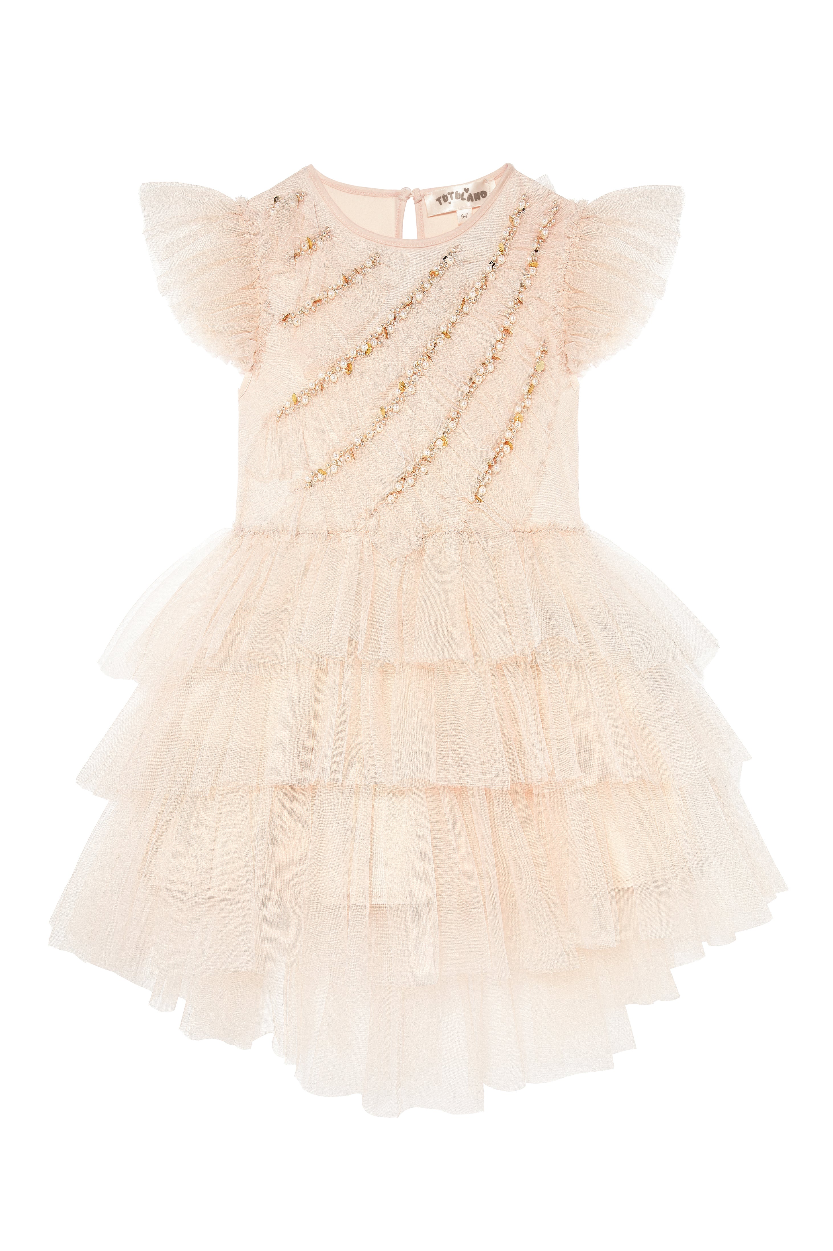 Elegant Pearls Flutter Sleeves Tutu Dress