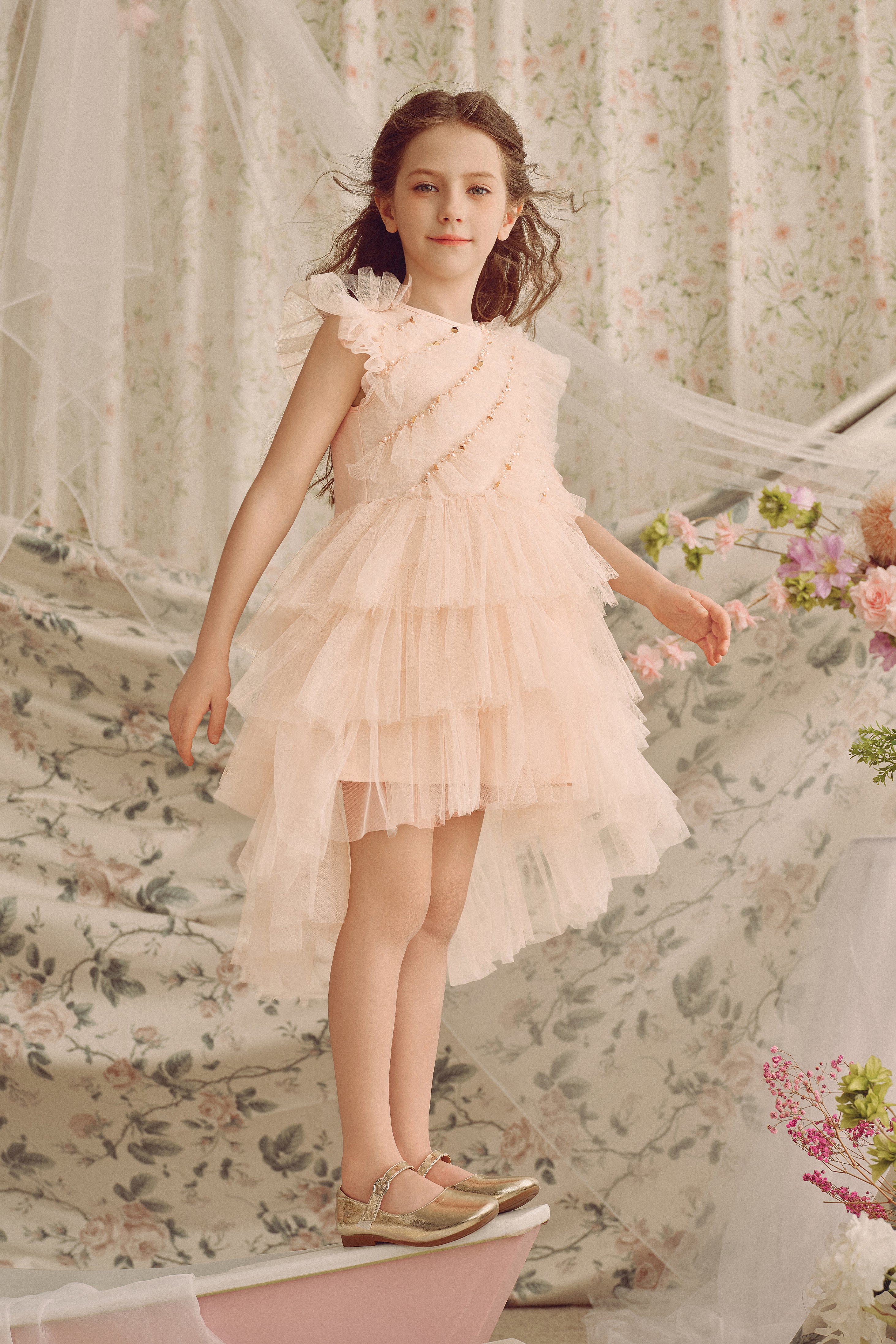 Elegant Pearls Flutter Sleeves Tutu Dress