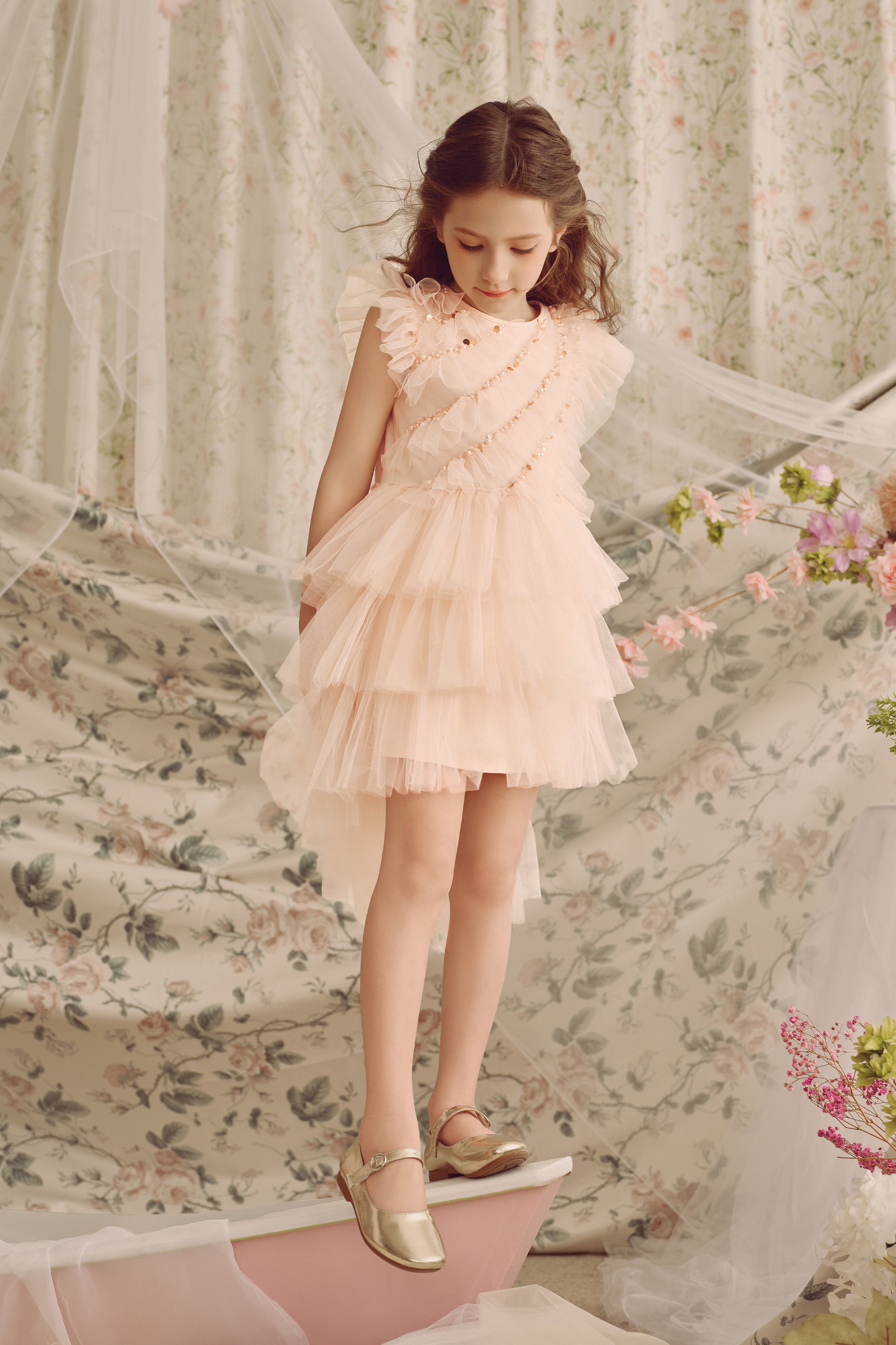 Elegant Pearls Flutter Sleeves Tutu Dress