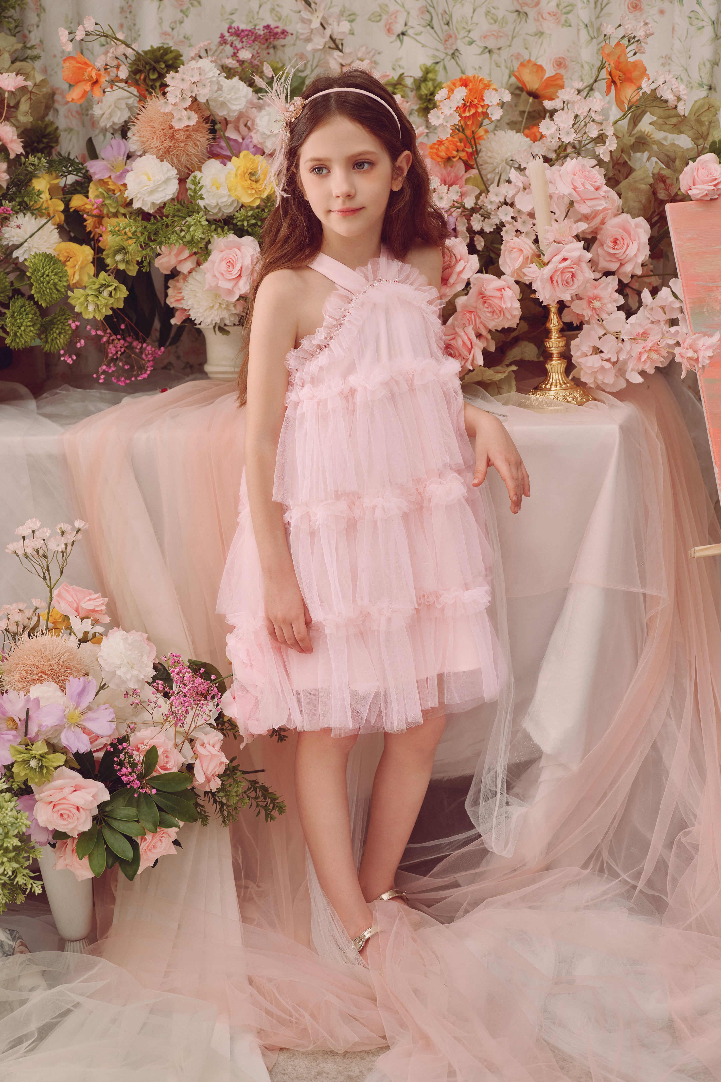 Halter Neck Pearl Tiered Tulle Tutu Dress