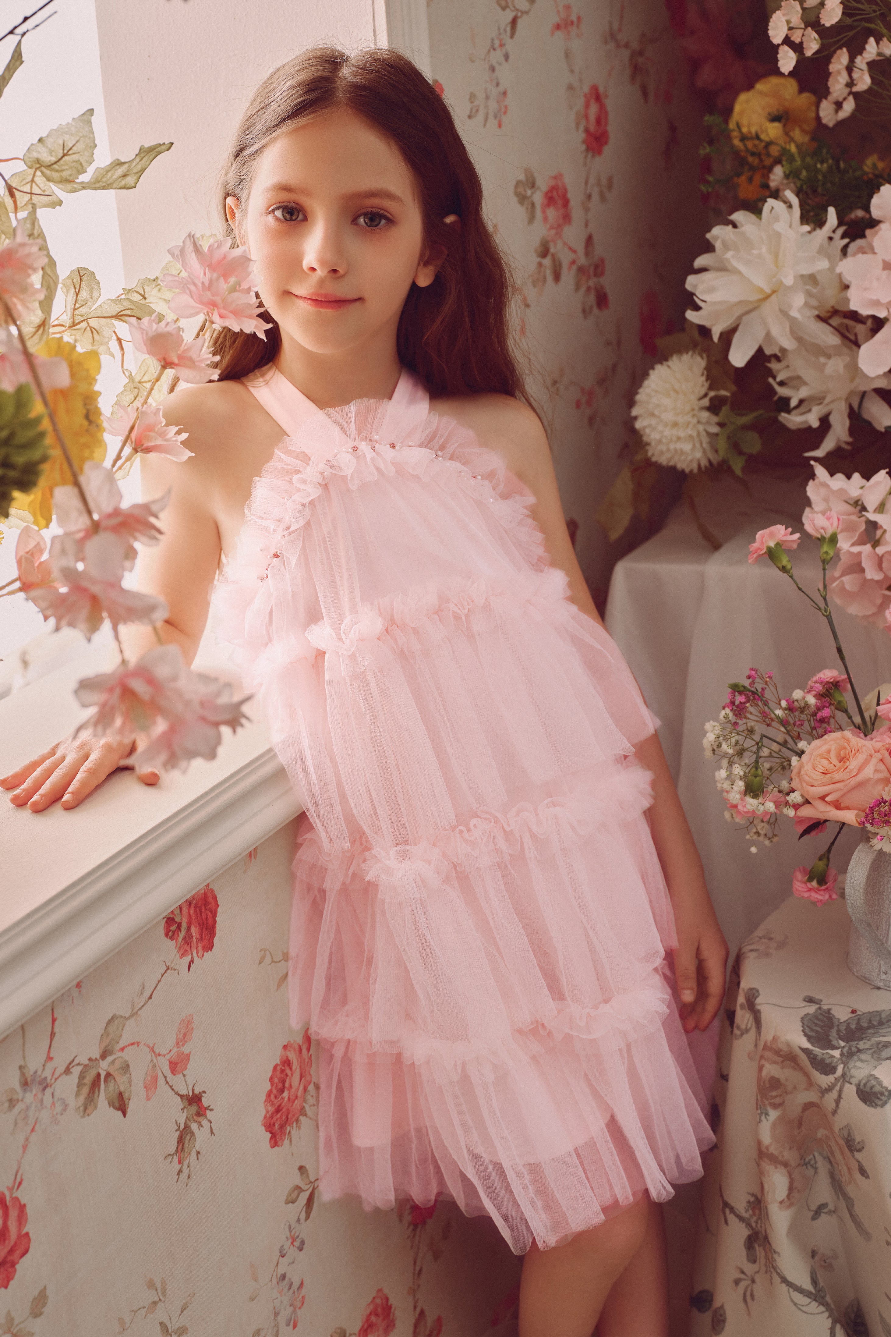 Halter Neck Pearl Tiered Tulle Tutu Dress