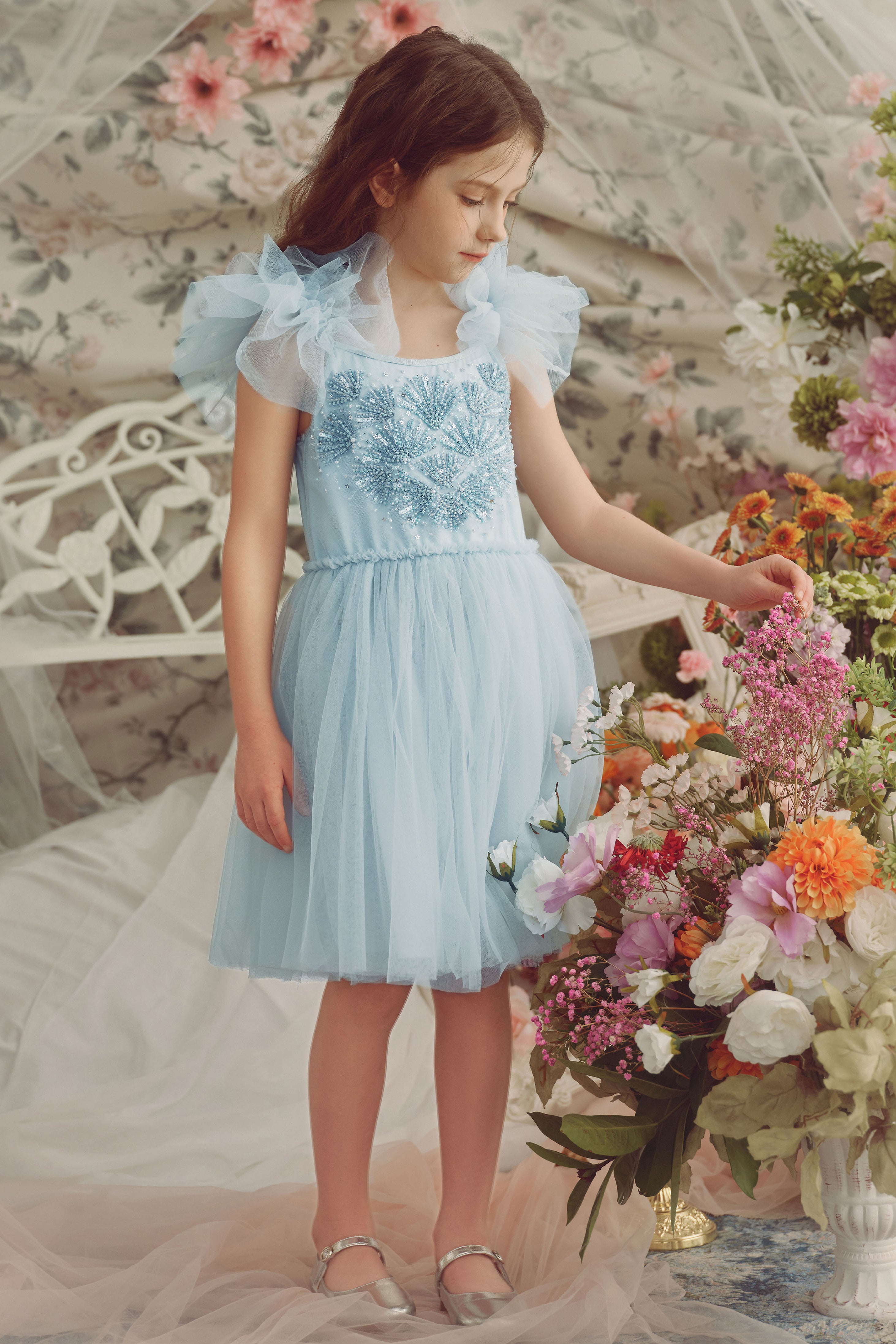 Vibrant Embroidered Flutter Sleeves Tutu Dress