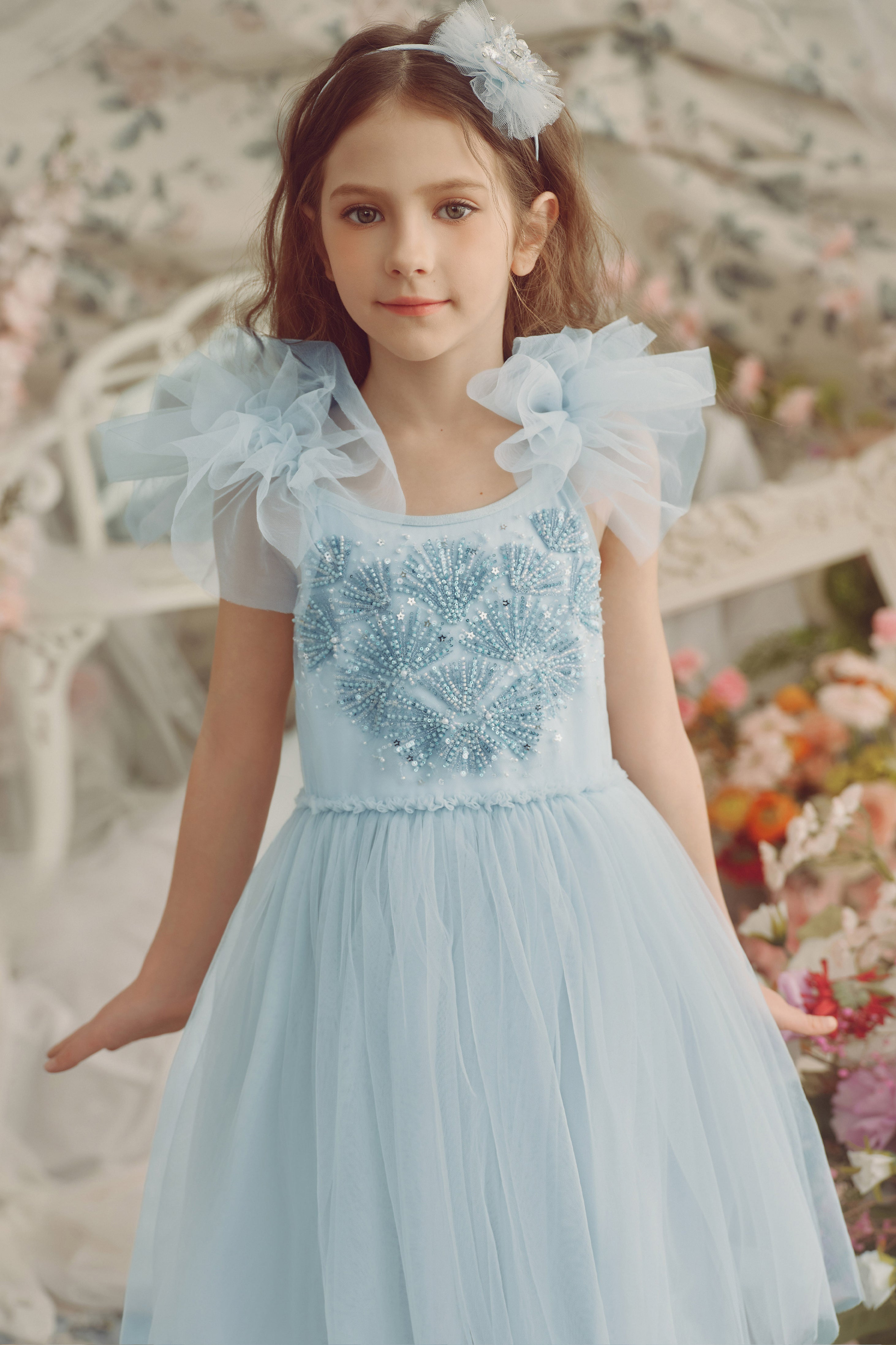 Vibrant Embroidered Flutter Sleeves Tutu Dress