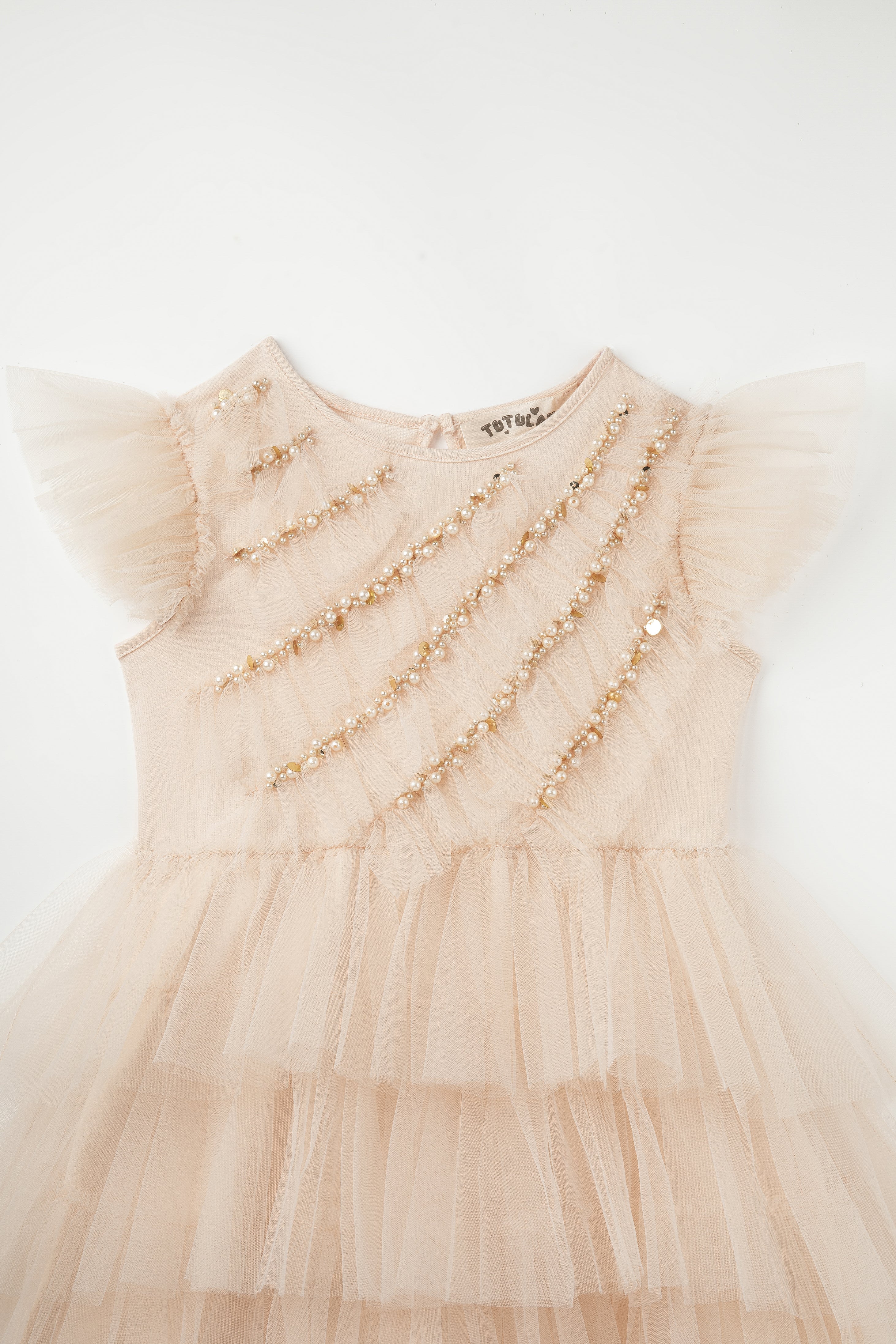 Elegant Pearls Flutter Sleeves Tutu Dress