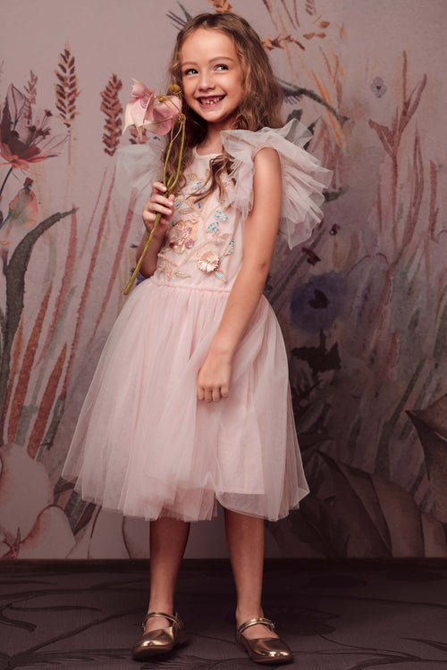 Vibrant Embroidered Flutter Sleeves Tutu Dress